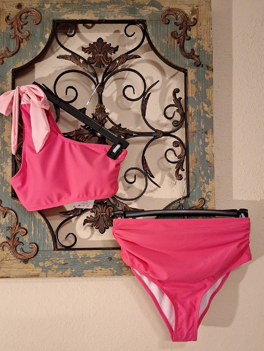 One-Shoulder High-Waist Bikini Set in Bright Pink. NWT Size Small